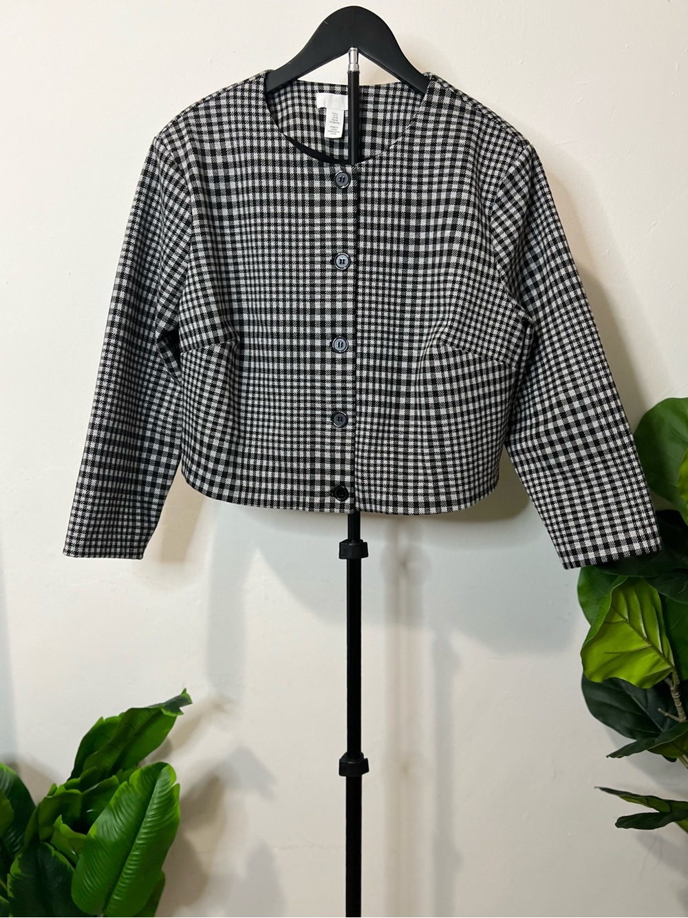 H&M XL Black White Plaid Cropped Jacket Cardigan Preppy Fall